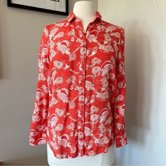 TOPSHOP Koi Fish Print Long Sleeve Button Down Top - Picture 2 of 7